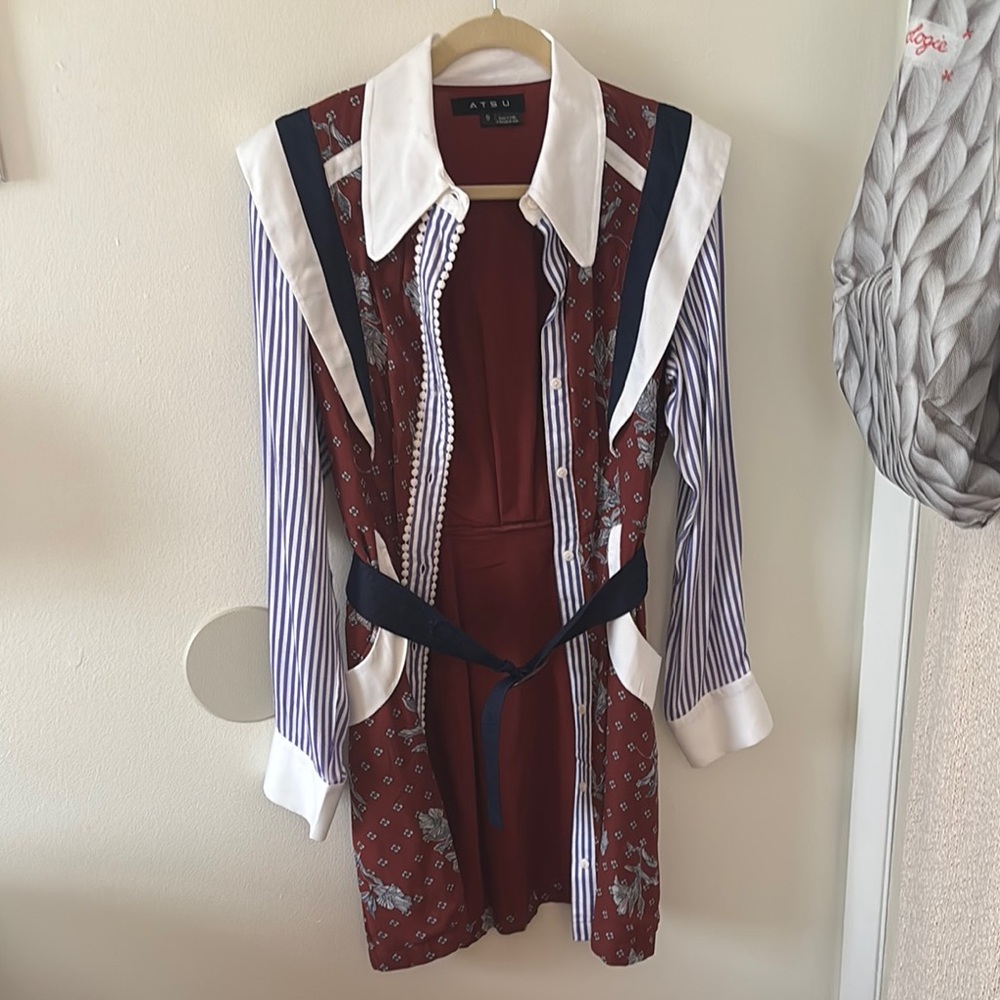 ATSU Preppie Print Collar Dress with Silk Below and Tortoise Buckle! NWOT!!!